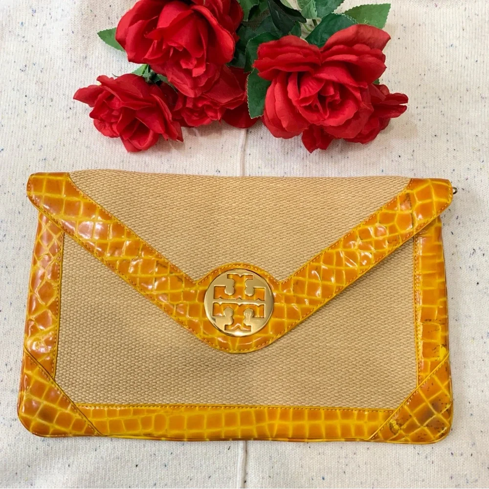 Tory Burch Yellow & Natural Raffia Envelope Crossbody